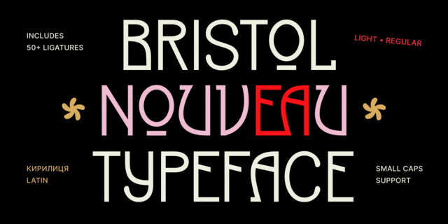 Font specimen ukrainian display typeface Bristol Nouveau from Anastasiia Oliinyk, with Cyrillic and Latin